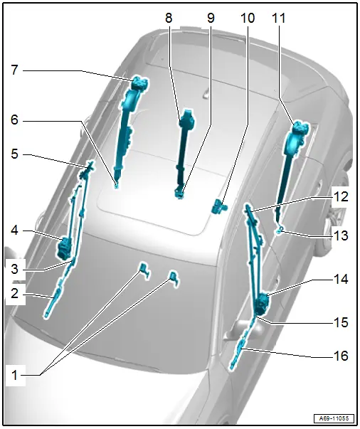 Audi Q3. Component Location Overview - Seat Belts and Attaching Points