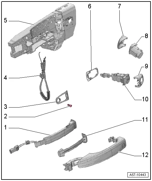 Audi Q3. Overview - Door Handle and Door Lock, Exterior Door Handle and Mounting Bracket