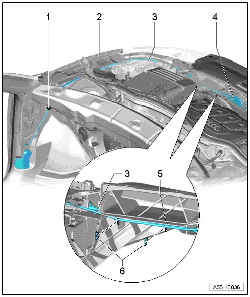 Audi Q3. Routing the Release Cable inside the Engine Compartment